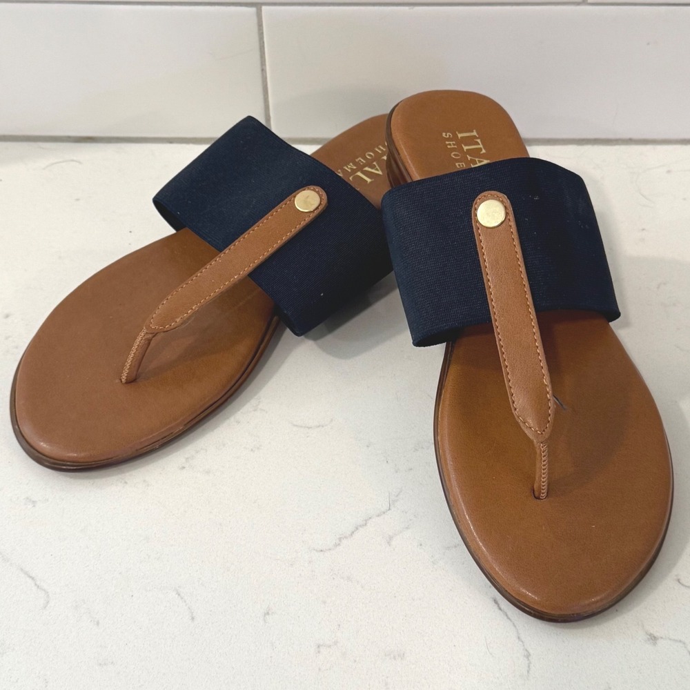 Italian Shoemakers Navy Blue Tan Elastic Thong Wedge Sandals Made in Italy 7.5